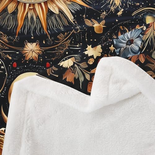 Sun and Moon Throw Blanket Mysterious Starry Galaxy Fleece Flannel Blankets Kids Boys Girls Room Decor Retro Flowers Plant Bed Blankets for Bed Sofa Couch Black Gold Orange Plush Blanket Twin 60"x80" - Image 6