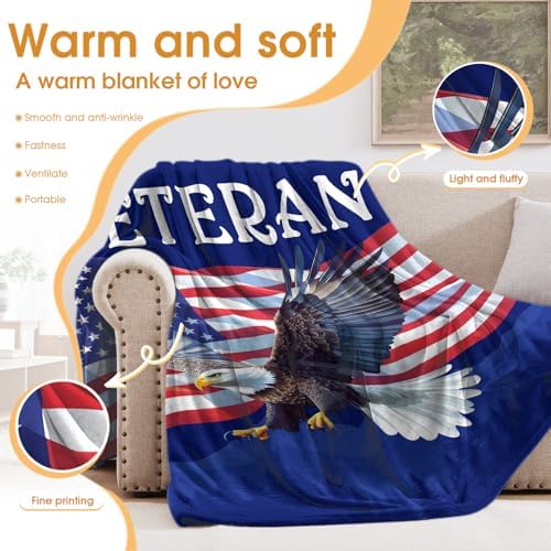 Veteran Gifts for Father Dad Men, American Stars Flag Eagle Throw Blanket Present for Veterans Day Retirement Birthday Christmas 50"x60" - Image 3