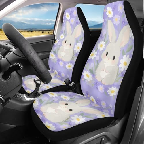 Rabbit Car Seat Covers Universal Accessories 2 Pcs Set, Kawaii Daisy Cartoon Bunny Car Accessories for Auto Trucks Van SUV, Rural Flower Field Auto Interior Protector Set