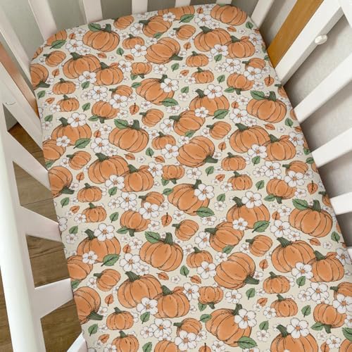 Fall Pumpkins Boho Floral Baby Crib Sheets for Boy Girl Autumn Pumpkin Girly Flowers Soft Snug Fitted Crib Mattress Covers for 52''x28'' Standard Crib & Toddler Mattress Thanksgiving Harvest Bed Sheet by Unknown