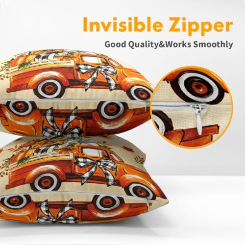 Fall Orange Truck Throw Pillow Covers 24x24 Set of 6 Buffalo Plaid Pumpkin Sunflower Thanksgiving Pillow Covers Plaid Bow Maple Leaves Pillowcase for Kitchen Sofa Cushion Outdoor Bedroom Decoration - Image 5