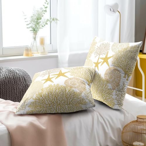 Summer Ocean Themed Nautical Coastal Throw Pillow Covers 18X18 Inches Set of 2 Yellow Seashell Starfish Coral Pillowcase Soft Cotton Square Cushion Covers for Home Sofa Patio Bedroom Decoration - Image 6