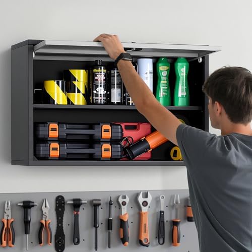 VEVOR Metal Wall Cabinet, 30.31 x 12.01 x 19.69 Inch, Floating Garage Tool Cabinet with Up-Flip Door and Shelf, 240 lbs Load Capacity, Fit for Garage, Basement, Kitchen, Warehouse Assembly Required - Image 2