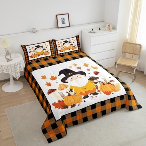 Erosebridal Cute Gnome Kids Bedding | Fall Twin Comforter Sets,Farmhouse Plaid Buffalo Grid Comforter Thanksgiving Autumn Leaves Duvet Insert with 1 Pillow Case - Image 4