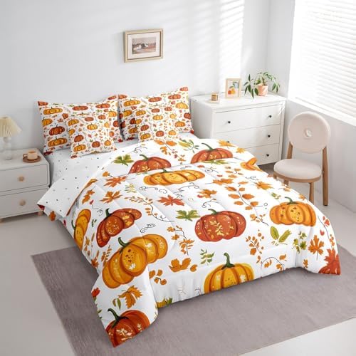 Erosebridal Farmhouse Thanksgiving Full Comforter Set with Sheets 7 Piece Country Fall Theme Bedding Set,Autumn Harvest Pumpkin Bed in A Bag Nature Maple Leaves Bed Set with Comforter - Image 3