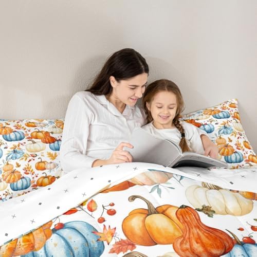 Homewish Harvest Fall Bedding Set Full Size Maple Leaf Pumpkin Comforter Set for Kids Teens Bedroom Decor Vintage Rustic Farmhouse Soft Polyester Quilt Duvet Orange Duvet Insert,2 Pillowcase - Image 3