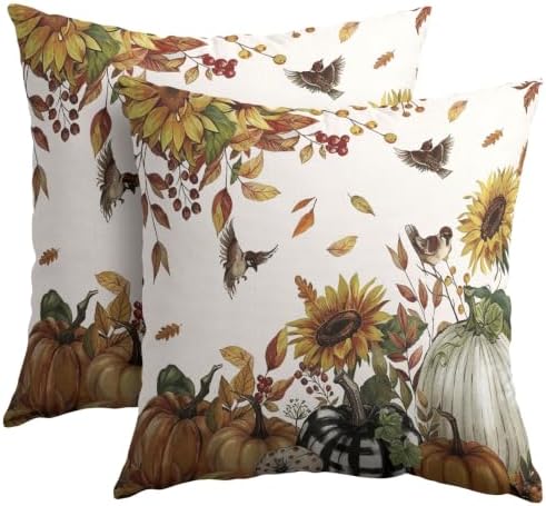 Fall Sunflower Throw Pillow Covers 24x24 Set of 2 Autumn Buffalo Plaid Pumpkin Thanksgiving Pillow Covers Bird leaves berries Pillowcase Vintage for Kitchen Sofa Cushion Outdoor Bedroom Decoration - Image 2