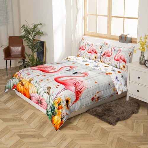 Erosebridal Fall Pumpkin Harvest Duvet Cover Toddler Size, Happy Thanksgiving Comforter Cover for Kids Teens Adult Bedroom,Flamingo Maple Autumn Leaves Bedding Set Rustic Farmhouse Barn Door Bed Set - Image 5