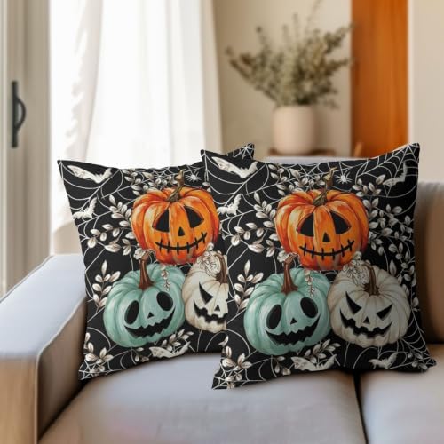 Halloween Pumpkin Throw Pillow Covers 20x20 Set of 2 Black Spider Web Bat - Image 4