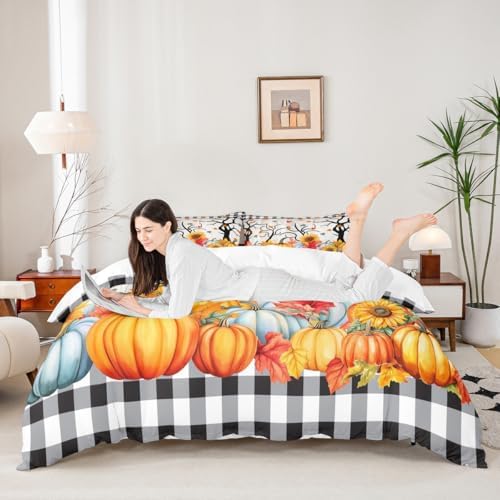 Fall Pumpkin Harvest Kids Duvet Cover Set Full Size,Sunflowers Maple Leaves Autumn Bedding Set,Girls Boys Adults Room/Cabin Decor,Wooden Plank Grids Comforter Cover,Rustic Quilt Cover,2 Pillowcases - Image 2