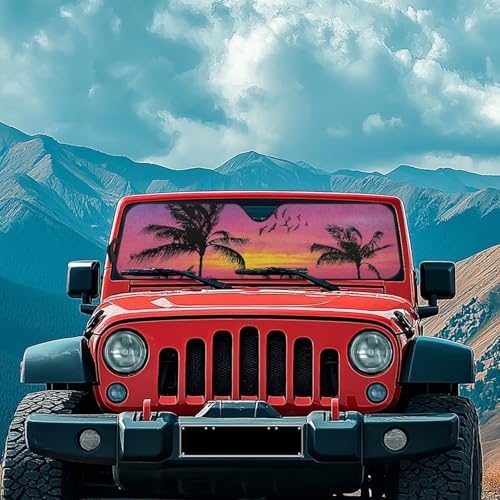 Renewold Windshield Sunshade for Jeep Wrangler JK JKU JL JLU 1997-2023 Car Front Window Sun Shield for Jeep Gladiator JT Block UV Glare Sunlight Sun Visor Tropical Coconut Birds Sunset Cover Sun Shade