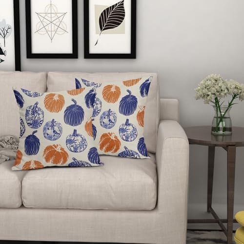 Blue Orange Pumpkin Fall Pillow Covers 18x18 Set of 2 Chinoiserie Autumn Thanksgiving Grandmillennial Decorative Throw Pillows Outdoor Farmhouse Cushion Case Seasonal Decor for Couch Sofa Bed - Image 7