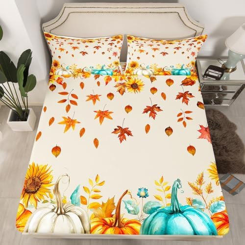 Erosebridal Fall Pumpkin Bedding Set for Home King Thanksgiving Harvest Season Fruit Decor Bed Sheets Fall Maple Leaf Sheet Set Rustic Farm Sunflower Fitted Sheet Autumn Flat Sheet + 2 Pillow Cases - Image 2