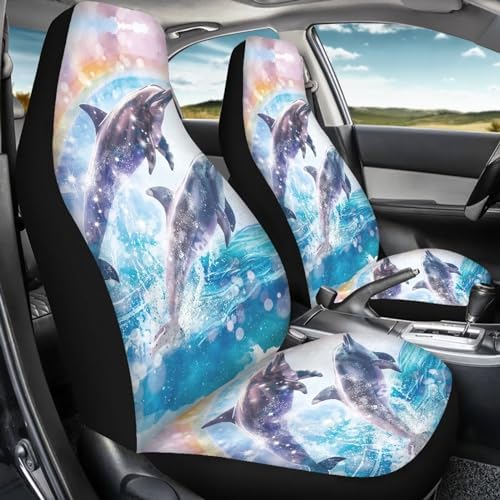 Talayituse Dolphin Rainbow Print Car Seat Cover Front Seats Only Full Set of 2, Universal Bucket High Back Car Front Seat Covers