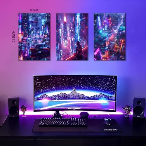 Cool Anime Wall Art Japanese Neon City Cyberpunk Decor Night Building Cityscape Canvas Pictures for Man Teen Boy Gamer Room Wall Decor Futuristic Street Pop Artwork Modern Home Decorations 16x24" 3Pcs - Image 5