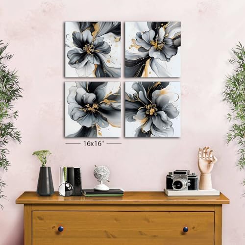 Black and White Abstract Wall Art Framed Marble Flowers Pictures for Living Room Bathroom Wall Decor Gold Foil Fluid Lines Posters Prints Neutral Minimalist Ink Painting Home Decorations 16x16 4 Pcs - Image 6