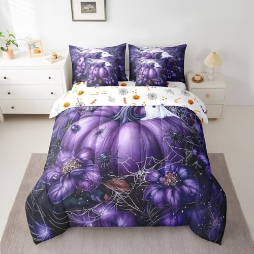 Erosebridal Halloween Pumpkin Twin Comforter Set 7 Piece,Gothic Purple Floral Bedding Set with Sheets Spooky Ghost Bed in A Bag for Kids Adults,Spider Web Decor Bed Set with Comforter - Image 2