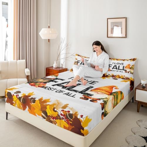 Gnomes Pumpkin Bed Sheets Rustic Farmhouse Fall Bed Sheet Set Twin Size Thanksgiving Harvest Season Sheet Set Maple Leaf Pinecone Decor Fitted Sheet Soft Lightweight Flat Sheet Bedroom Decor 3 Pcs - Image 7