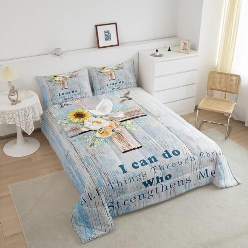 Erosebridal Thanksgiving Comforter Set Cross Theme Decor, Kids Pure Spirit White Flowers Bedding for Adults, Dove of Peace Vintage Wooden Print Duvet Insert Queen Size - Image 2