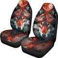 Gray-red Wolf Print Car Front Seat Cover Set of 2, Universal Fit, Made of Soft Polyester, Easy to Install, Edgy Style — Fits Most Vehicles