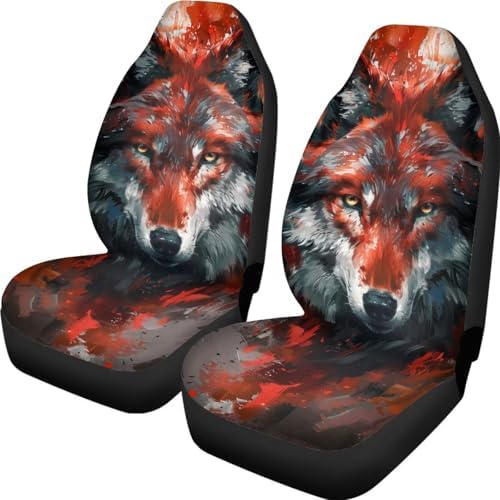 Gray-red Wolf Print Car Front Seat Cover Set of 2, Universal Fit, Made of Soft Polyester, Easy to Install, Edgy Style — Fits Most Vehicles