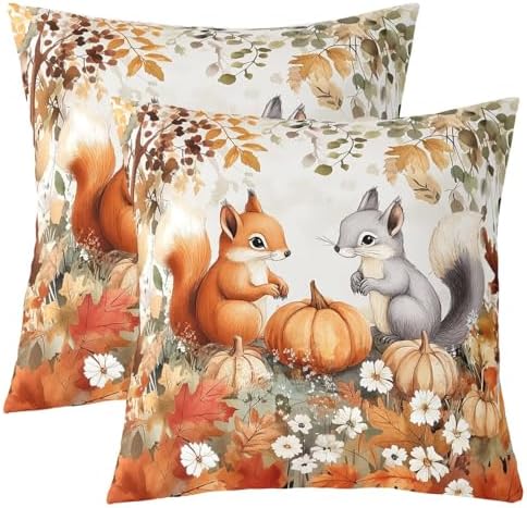 Squirrel Double Sides Print Pillow Covers,Rustic Autumn Maple Leaves Pumpkin Throw Pillow Case Covers,Fall Thanksgiving Day Natural Cute Animal Cushion Covers,2 Pack 24"x 24" by Manfei