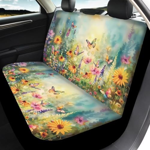 Butterfly Vibrant Floral Pattern Car Accessories Car Seat Covers Front Rear Breathable Seat Covers Universal Fits for Truck, Sedan, SUV Auto Interior Protector