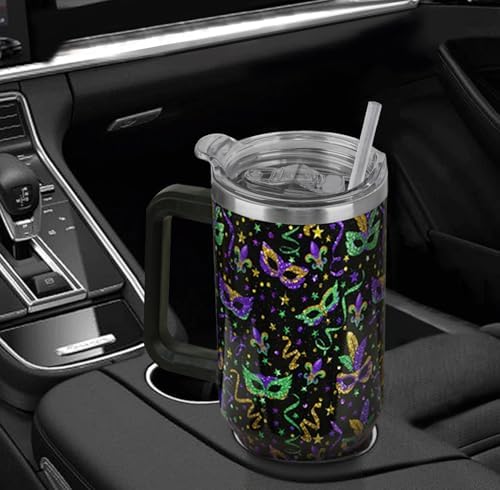 Mardi Gras Tumbler 40 oz Carnival Masks Tumbler Coffee Mugs Leak Proof Cups with Handle and Straw Stainless Steel Insulated Water Bottle for Mardi Gras Decor Gifts(1PCS) - Image 6