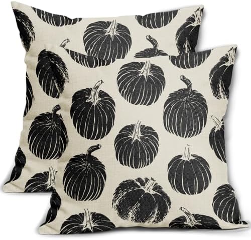 Black Pumpkin Fall Pillow Covers 18x18 Set of 2 Autumn Harvest Print Thanksgiving Decorative Throw Pillows Outdoor Farmhouse Cushion Case Seasonal Decor for Couch Sofa Bed by Aytipun