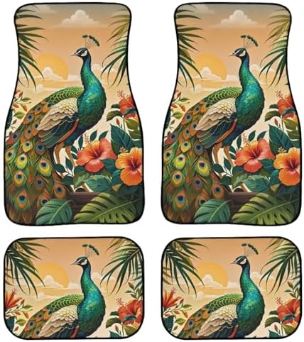 Peacock Car 4 Piece Floor Mat Set, Hibiscus Tropical Floral Universal Fit Protection Heavy Duty Heel Pad Car Mats, Sunset Monstera Car Floor Front and Rear 2 Rows Set