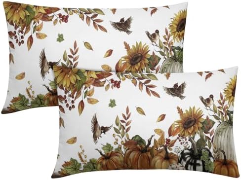 Fall Sunflower Throw Pillow Covers 12x20 Set of 2 Autumn Buffalo Plaid Pumpkin Thanksgiving Pillow Covers Bird leaves berries Pillowcase Vintage for Kitchen Sofa Cushion Outdoor Bedroom Decoration by Trongr