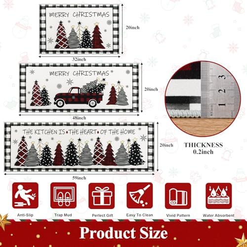 U'Artlines Christmas Kitchen Rugs and Mats Set of 3, Non Skid Tree Car Rug - Image 2