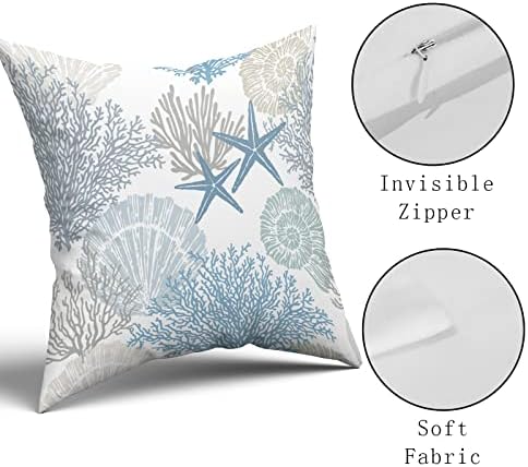 Nautical Coastal Throw Pillow Covers 22x22 Inch Summer Ocean Themed Seashell Coral Starfish Pillow Cases Set of 2 Soft Cotton Square Cushion Covers for Home Couch Sofa Patio Bedroom - Image 3