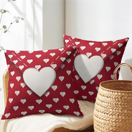 Valentines Day Pillow Covers 16x16 Set of 2 White Red Heart Throw Pillow Covers Love Pillowcase Linen Decoration Farmhouse Holiday Cozy Soft Cushion Case Couch for Indoor Outdoor Home Decor - Image 7