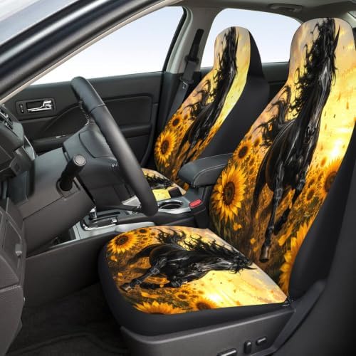 Horse Pattern Car Seat Covers, Trendy Universal Car Seat Protector Full Set, Automotive Seat Covers for Front Seats Rear Seat Back Seat Gift (Horse Sunflower Field Sunset, Full Set)