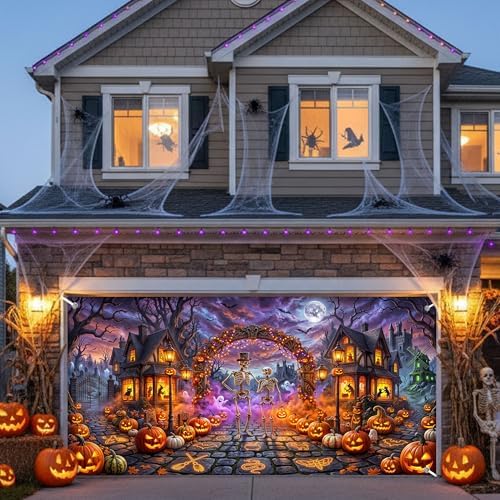 Halloween Garage Door Cover 16x7ft 2 Car Skeleton Pumpkin Haunted Decor - Image 5