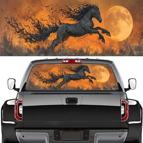 Moonlit Runing Horse Truck Rear Window Graphic Decals, Vintage Glam Fire Animal Pickup Car Window Stickers Truck Back Window Film Decal for Trucks SUV 66 x 22 inch