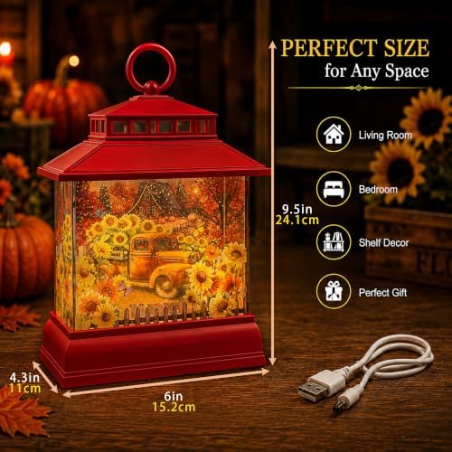 Fall Snow Globe Lantern with Sunflowers, Music, 6 Hours Timer, Fall Decor - Image 6