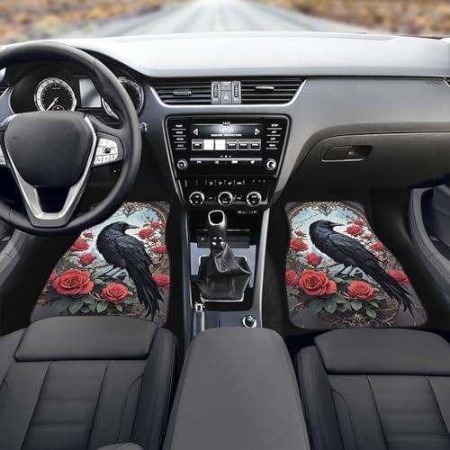 Black Raven Print Car Rubber Floor Mat 4PCS Rose Flower Forest Bird Pattern Front and Rear Mats Non-Slip Floor Mats Heel Pad Fit for SUV Van Truck Car