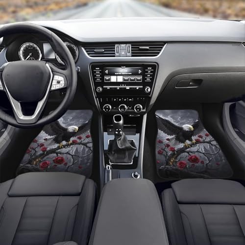 Bald Eagle Car Floor Mats Gothic Eagle Rose Flower All Weather Car 1st & 2nd Row Floor Mats Interior Carpet Art Aesthetics Universal for SUV Sedan Car Trucks Black
