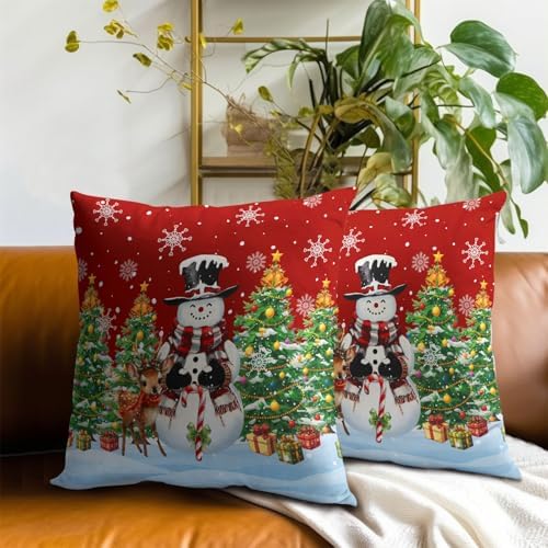 Xmas Tree Winter Snowman Red Throw Pillow Covers 20X20 Inches Set of 2 Xmas Snowflake Pillowcase Soft Cotton Square Seasonal Cushion Covers for Living Room Sofa Bedroom Decor - Image 7