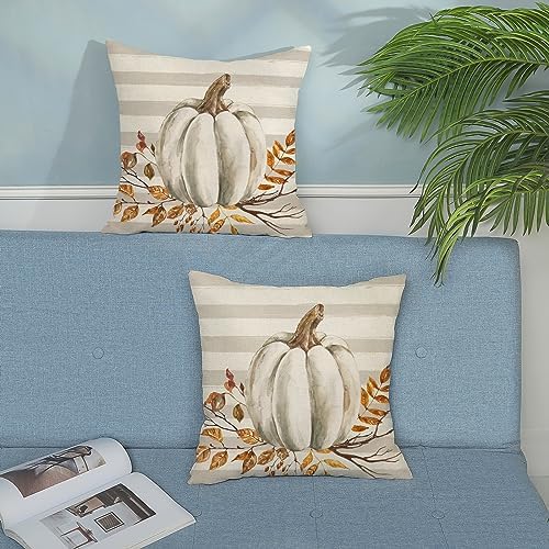 Fall Pillow Covers 22x22 Set of 2 Pumpkin Leaf Branch and Stripes Fall Decor Pillowcase Linen Autumn Thanksgiving Decorative Outdoor Throw Pillow Covers Farmhouse Cushion Case for Couch Home - Image 3