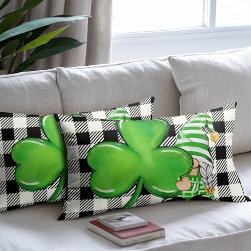 St Patricks Day Pillow Covers 12x20 Set of 2 Shamrock Clover Throw Pillow Covers Spring Pillowcase Linen Decoration Farmhouse Decorative Buffalo Plaid Gnome Cushion Case Couch for Indoor Home Decor - Image 7