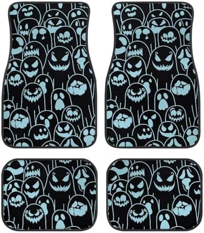 Aqua Black Ghost Print Funny Halloween Car Floor Mats 4 PCS, Cute Durable Interior Accessories for Car SUV, All Weather Floor Mats with Front Rear Trunk Liners Set for Party