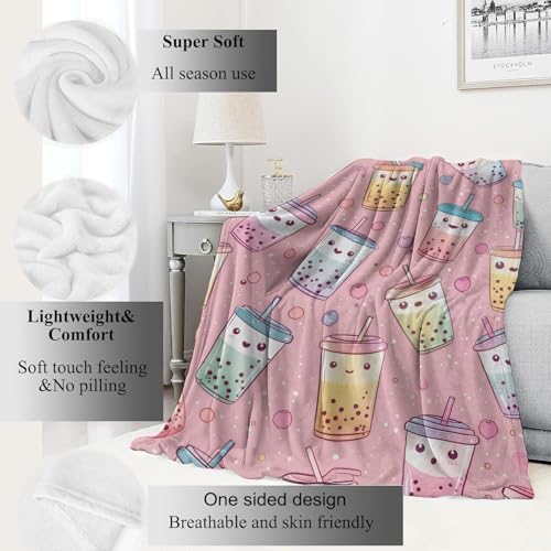 Cute Bubble Tea Blanket Colorful Bobas Drink Pink Throw Blankets,Birthday Gifts for Kids Girls Women,Lightweight Soft Fleece,Food Lovers,Sofa Couch Bed Room Decor 60x80in - Image 2