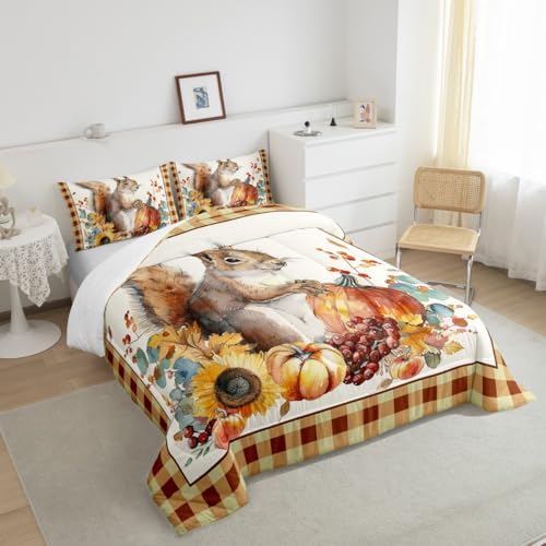 Homewish Fall Squirrel Sunflower Bedding Set King Size,Pumpkin Geometric Plaid Comforter Set 3pcs for Kids Teens Adults Room Decor,Rustic Farmhouse Quilt Set Halloween Style Duvet Insert,Yellow - Image 6