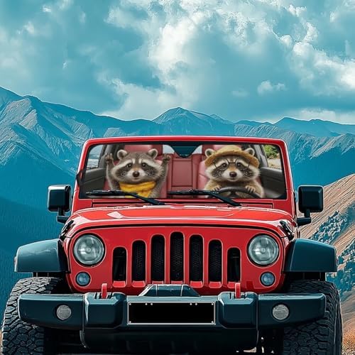 Renewold Car Windshield Sunshade for Jeep Gladiator JT Summer Front Window Sun Shade Sun Visor Shield for Jeep Wrangler JK JKU JL JLU 1997-2023 Foldable Cover Interior Keep Cool Cute Raccoon Driving