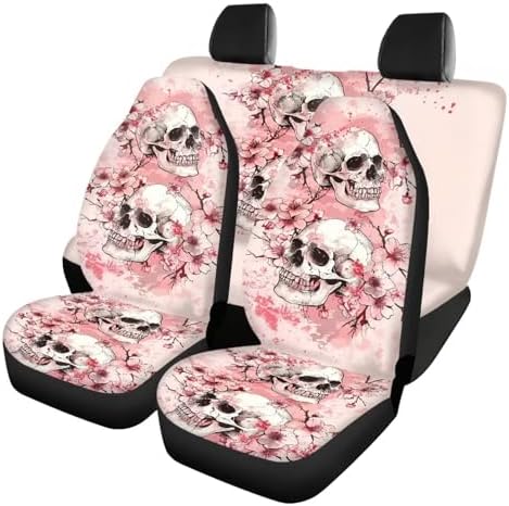 Skulls Pink Cherry Blossom Print Car Seat Covers 4Pcs Front & Rear Breathable Seat Covers Universal Fits for Truck, Sedan, SUV Auto Interior Protector Car Accessories