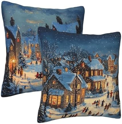Blue Happy Winter Throw Pillow Covers 18x18 inch Set of 2 Christmas Pillow Case Cushion Cover for Home Sofa Couch Living Room Car Decor - Image 2