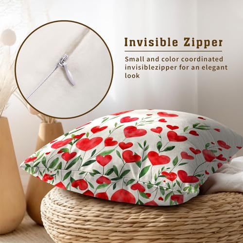 Valentine's Day Flower Throw Pillow Covers 20X20 Inches Set of 2 Red Love Heart Floral Pillowcase Soft Cotton Square Cushion Covers for Anniversary Wedding Home Sofa Bedroom Decoration - Image 4